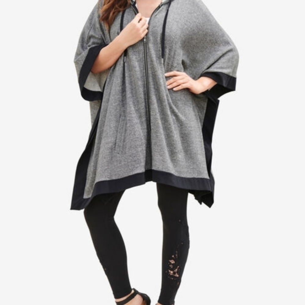 Roaman's heathered black and teal zip poncho NWOT